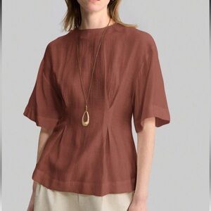 Rust brown pleated cinched tapered waist peplum short sleeve top